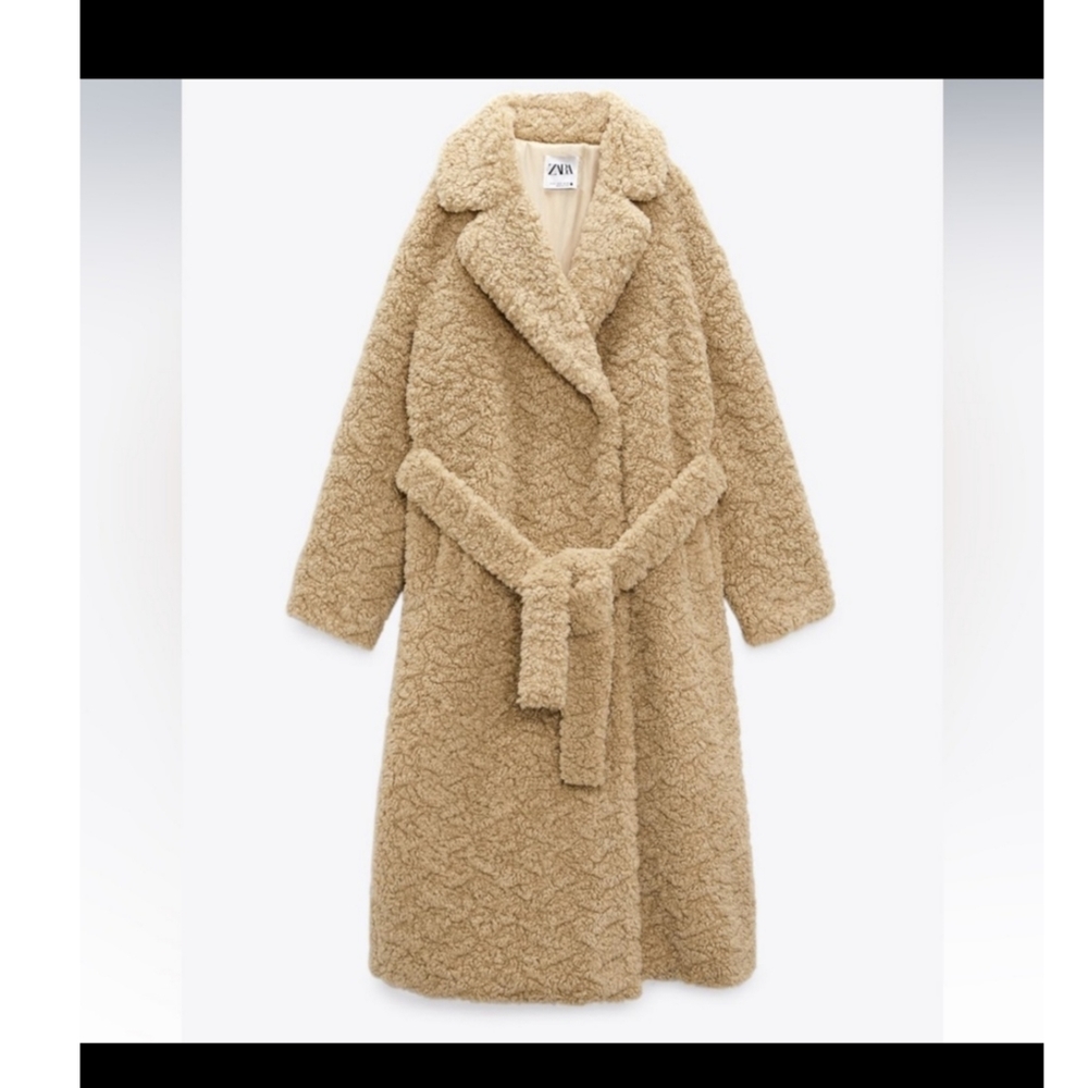 Zara Long Fleece Faux Fur Coat Jacket Brown Size L NWT - Picture 5 of 11
